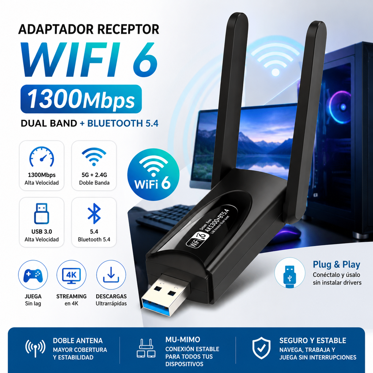 Adaptador Receptor Antena WiFi 1300Mbps + Bluetooth